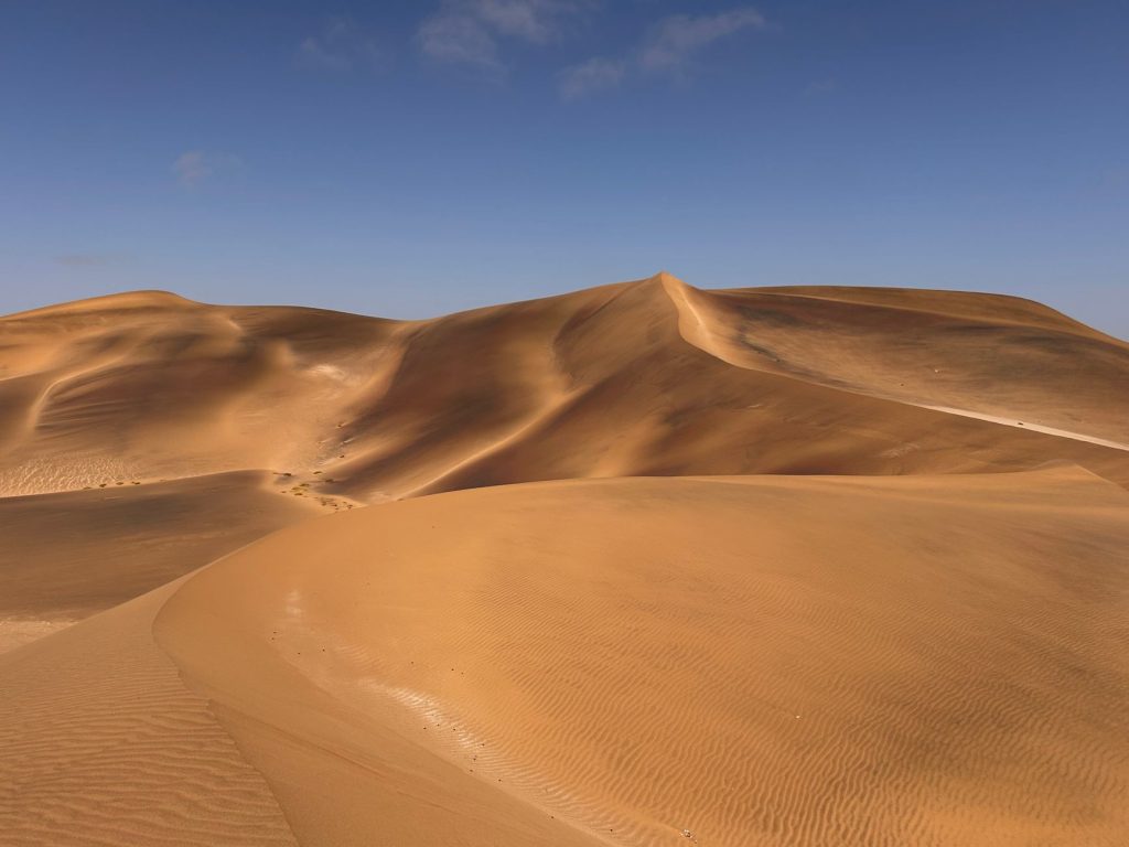 Golden sand dunes under clear blue skies in Swakopmund, Namibia.
